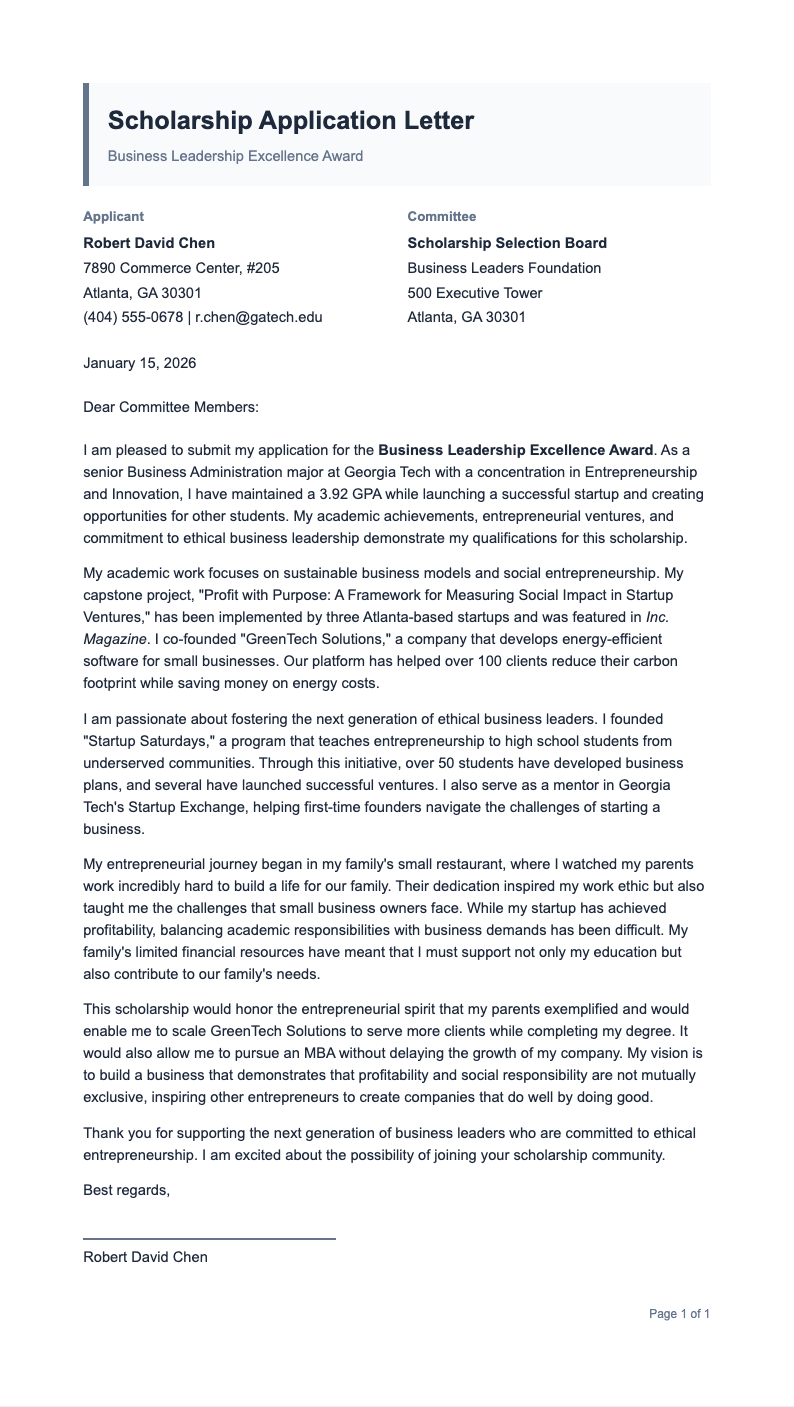 Slate Professional Scholarship Letter